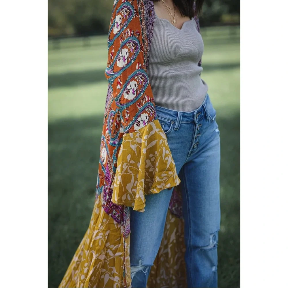 SPARROW PATCHWORK RUFFLED BOHO KIMONO DUSTER - MUSTARD MIX - Picture 3 of 4